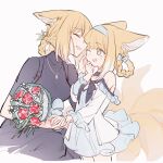  2girls :d ;d ^_^ animal_ear_fluff animal_ears arknights bangs bare_shoulders black_dress blonde_hair blue_bow blue_dress blue_hairband blush bouquet bow braid brown_hair closed_eyes commentary_request dress eyebrows_visible_through_hair fang flower fox_ears fox_girl fox_tail frilled_sleeves frills grey_background hair_bow hair_rings hairband hand_up highres jacket kaleka kitsune long_sleeves multiple_girls one_eye_closed pantyhose red_flower simple_background smile suzuran_(arknights) tail white_flower white_jacket 
