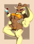  anthro bakufu big_ears bikini black_sclera blush breasts brown_body brown_fur clothing container cup drinking_straw eyebrows female fluffy_ears fur glass glass_container glass_cup hi_res lagomorph looking_at_viewer lopunny mammal nintendo nipple_outline pok&eacute;mon pok&eacute;mon_(species) purple_eyes solo standing swimwear under_boob video_games 