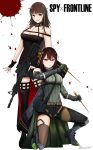  2girls artist_name assault_rifle bangs bare_shoulders black_dress black_legwear black_scarf black_shorts blood breasts brown_eyes brown_hair cleavage closed_mouth collarbone commission copyright_name crossover darkpulsegg dress english_commentary eyebrows_visible_through_hair full_body girls&#039;_frontline green_sweater_vest gun hair_ornament highres holding holding_gun holding_weapon lips long_hair looking_at_viewer m4_carbine m4a1_(girls&#039;_frontline) mechanical_arms medium_breasts multicolored_hair multiple_girls one_knee red_eyes rifle scarf shorts simple_background single_mechanical_arm smile spy_x_family standing streaked_hair sweater_vest thighhighs weapon yor_briar 