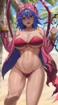  1girl absurdres ass_visible_through_thighs bikini blue_hair blurry blurry_background breasts choker commentary_request disgaea fingernails hair_between_eyes highres hood jacket laharl laharl-chan large_breasts long_sleeves looking_at_viewer makai_senki_disgaea navel open_clothes open_jacket open_mouth outdoors palm_tree pink_jacket red_bikini red_eyes short_hair silvertsuki solo standing stomach swimsuit thighs tree yellow_choker 