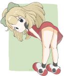  1girl absurdres bangs blonde_hair blue_eyes blush_stickers bow commentary_request dress eyebrows_visible_through_hair full_body green_background green_bow hair_bow highres leaning_forward long_hair looking_at_viewer looking_to_the_side mega_man_(series) ponytail red_dress red_footwear roll_(mega_man) rururu_(pyrk8855) shoes short_sleeves solo standing two-tone_background white_background 