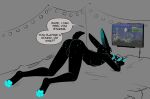  abigrock absurd_res all_fours anthro ass_up backsack balls bed bedroom_eyes binch black_body black_fur butt cheek_tuft ears_back facial_tuft fur furniture gaming genitals green_pawpads grey_background half-closed_eyes hi_res humanoid_genitalia inviting lagomorph leporid looking_at_viewer looking_back lying lying_on_bed male mammal narrowed_eyes on_bed on_front pawpads paws perineum pivoted_ears presenting presenting_balls presenting_hindquarters rabbit raised_tail seductive simple_background solo tuft 