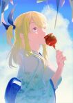  1girl absurdres blue_ribbon blue_sky breasts brown_eyes candy candy_apple cloud day eating eyelashes fairy_tail floral_print food hair_ribbon hand_tattoo hand_up highres holding holding_candy holding_food japanese_clothes kimono long_hair looking_away looking_up lucy_heartfilia obi one_side_up paper ribbon sash sidelocks sky solo summer sweat tattoo upper_body yonoka yukata 
