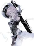  1girl armor armpits arms_up bare_shoulders cofffee cowboy_shot final_fantasy final_fantasy_xiii final_fantasy_xiii-2 green_eyes holding holding_shield holding_weapon incoming_attack lightning_farron long_hair looking_at_viewer pelvic_curtain shield solo thighhighs weapon white_hair white_legwear 
