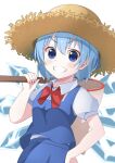  1girl absurdres arm_up blue_eyes blue_hair butterfly_net cirno eyebrows_visible_through_hair hand_net hand_on_hip hat highres holding ice ice_wings looking_at_viewer namagaki-san smile solo straw_hat touhou white_background wings 