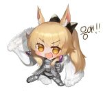  1girl :d animal_ear_fluff animal_ears arknights armored_boots black_bow blemishine_(arknights) blonde_hair blush boots bow brown_eyes chibi cloak commentary_request dokomon full_body fur-trimmed_cloak fur_trim gauntlets hair_bow highres horse_ears korean_commentary korean_text long_hair looking_at_viewer ponytail simple_background smile solo standing thumbs_up very_long_hair white_background white_cloak 