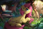  arthropod blue_eyes book butterfly cutie_mark equid equine fluttershy_(mlp) friendship_is_magic hair hi_res hooves insect lepidopteran mammal my_little_pony pegasus pink_hair plant raining tree tree_root under_tree wings yakovlev-vad 