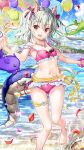  1girl :d balloon bangs bare_legs bare_shoulders barefoot bikini breasts character_request commentary_request dragon_girl dragon_horns dragon_tail eyebrows_visible_through_hair frilled_bikini frills fujima_takuya green_hair hair_between_eyes horns long_hair looking_at_viewer navel petals pink_bikini red_eyes small_breasts smile solo standing standing_on_one_leg star_balloon swimsuit tail two_side_up very_long_hair water z/x 