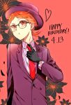  1boy :o adjusting_clothes adjusting_necktie alternate_costume alternate_hairstyle black_gloves clematis_(flower) collared_shirt floral_background glasses gloves happy_birthday hat heart heine_wittgenstein higasarosso jacket looking_at_viewer low_ponytail male_focus necktie orange_hair oushitsu_kyoushi_heine purple_headwear purple_jacket red_background red_eyes red_necktie shirt short_hair solo striped striped_shirt suit_jacket upper_body vertical-striped_shirt vertical_stripes 