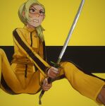  1girl beatrix_kiddo blonde_hair brown_eyes clenched_teeth fangs feet_out_of_frame freckles hair_over_shoulder highres holding holding_sword holding_weapon jacket kill_bill long_sleeves mole mole_under_eye mossacannibalis open_mouth pants solo standing sword teeth track_suit weapon yellow_background yellow_jacket yellow_pants 