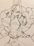  1girl animal_ears body_fur breasts clenched_hand closed_mouth commentary_request furry furry_female highres large_breasts looking_at_viewer lucario mitsuba-sama_(milkba-ng) monochrome pokemon solo tail thick_eyebrows traditional_media 