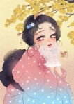  1girl black_hair blue_kimono blurry comb depth_of_field eyelashes flower flower-shaped_pupils gloves gradient gradient_background gradient_kimono hair_flower hair_ornament hair_pulled_back hair_stick hands_up japanese_clothes kimetsu_no_yaiba kimono koyuki_(kimetsu_no_yaiba) lace lace_gloves lips long_sleeves obi parted_lips pink_kimono polka_dot polka_dot_kimono red_background red_eyes red_lips sash solo squatting symbol-shaped_pupils twitter_username two-tone_kimono updo yellow_background yellow_flower yuki_(yuki3243) 