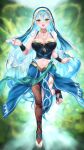  1girl :d azura_(fire_emblem) bangs bracer breasts cait_aron cervix cleavage commentary fire_emblem fire_emblem_fates fire_emblem_heroes full_body green_eyes hair_between_eyes hair_tubes highres jacket jewelry large_breasts light_blue_hair light_blush long_hair looking_at_viewer midriff navel necklace official_alternate_costume open_clothes open_jacket pelvic_curtain see-through smile solo thighlet toeless_footwear toes veil very_long_hair waist_cape 