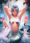  3girls armpits arms_up bare_arms blue_hair breasts cat crown grey_eyes hair_ornament lips looking_at_viewer multiple_girls ross_tran small_breasts 