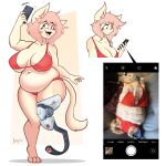  2022 amputee anthro belly_overhang big_breasts blush bra breasts capri cleavage clothed clothing confusion disability domestic_cat doxxyl felid feline felis female flin full-length_portrait hair hi_res mammal meme navel nipple_outline open_mouth overweight overweight_female panties partially_clothed pawpads paws pink_hair portrait prosthetic prosthetic_limb real red_eyes selfie slightly_chubby solo under_boob underwear 
