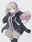  1girl asuna_(doruru-mon) backpack bag bangs black_jacket black_legwear breasts brown_skirt collared_shirt danganronpa_(series) danganronpa_2:_goodbye_despair dress_shirt flipped_hair galaga hair_ornament hand_up highres jacket large_breasts medium_hair nanami_chiaki neck_ribbon open_clothes open_jacket pink_eyes pink_ribbon pleated_skirt ribbon shirt skirt solo standing thighhighs zettai_ryouiki 