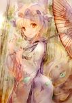  1girl :d absurdres animal_ears fox_ears fox_tail hands_up hat highres holding holding_umbrella jewelry kamu_kotan long_hair long_sleeves looking_at_viewer mob_cap multiple_tails oil-paper_umbrella orange_eyes pillow_hat smile solo tabard tail touhou traditional_media umbrella wide_sleeves yakumo_ran 