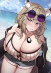  1girl absurdres animal_ear_fluff animal_ears arknights bangs bare_shoulders beach bikini blue_sky blush braid breasts cleavage collarbone eyewear_on_head grey_bikini grey_shorts highres huge_breasts kannko_bokujou light_brown_hair looking_at_viewer low_twin_braids ocean official_alternate_costume purple-tinted_eyewear purple_eyes shore short_hair shorts sidelocks sky smile solo striped striped_bikini sunglasses swimsuit thighs tinted_eyewear twin_braids utage_(arknights) utage_(summer_flowers)_(arknights) vertical-striped_bikini vertical_stripes 