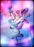  anthro artist_name blush bottomless breasts clothed clothing eeveelution female fur hi_res legwear looking_at_viewer nintendo pok&eacute;mon pok&eacute;mon_(species) pok&eacute;morph signature solo sylveon tydrian video_games white_body white_fur 