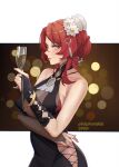  1girl 2022 absurdres alcohol artist_name black_dress black_gloves breasts champagne cleavage closed_mouth cup dress fingerless_gloves flower gloves hair_flower hair_ornament highres holding holding_cup honkai_(series) honkai_impact_3rd large_breasts lipstick looking_at_viewer makeup murata_himeko red_hair sleeveless sleeveless_dress solo tutou_jiang white_flower yellow_eyes 