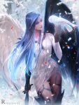  1girl asymmetrical_wings bird blue_hair gloves holding holding_weapon lips long_hair looking_at_animal owl ross_tran snow tachibana_kanade thighs weapon wings 