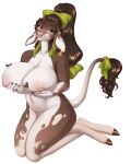  accessory anthro big_breasts bovid bovine breasts cattle female hair_accessory hair_bow hair_ribbon hi_res holding_breast kneeling mammal nude reina. ribbons simple_background solo white_background 