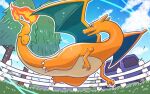  car charizard charmander claws cloud commentary_request day fence flame-tipped_tail flying from_below grass ground_vehicle hatoro_kuroyoshi looking_back motor_vehicle no_humans outdoors pokemon pokemon_(creature) sky tree 