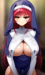  1girl absurdres blue_dress blurry breast_curtains breasts cleavage closed_mouth depth_of_field dress habit heterochromia highres hololive houshou_marine large_breasts long_hair long_sleeves looking_at_viewer mole mole_on_breast no_bra no_panties nun pelvic_curtain red_eyes red_hair revealing_clothes sbgu smile solo upper_body veil virtual_youtuber yellow_eyes 