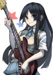  1girl absurdres akiyama_mio bangs black_eyes black_hair blue_necktie blue_skirt blunt_bangs blunt_ends bolo_tie breasts closed_mouth collared_shirt commentary cowboy_shot dress_shirt electric_guitar guitar hand_up highres holding holding_instrument instrument k-on! kayaya_(kiryuushi) light_smile long_hair looking_at_viewer medium_breasts necktie pleated_skirt sakuragaoka_high_school_uniform school_uniform shirt short_sleeves sidelocks simple_background skirt solo standing star_(symbol) straight_hair very_long_hair vest white_background white_shirt yellow_vest 