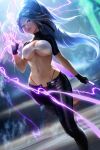 1girl blurry blurry_background breasts cleavage earrings eyewear_on_head glasses hand_up holding holding_sword holding_weapon jewelry large_breasts lips long_hair navel parted_lips ross_tran solo stomach sword underboob weapon 