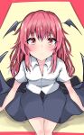  1girl bangs black_skirt blush breasts eyebrows_visible_through_hair feet_out_of_frame from_above head_wings highres koakuma long_hair nono54558 red_eyes red_hair shirt short_sleeves sitting skirt solo touhou white_shirt wings 