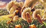  arcanine blurry bright_pupils brown_eyes closed_mouth cloud commentary_request evolutionary_line falling_leaves fangs fangs_out grass growlithe leaf looking_back matsuri_(matsuike) no_humans outdoors pokemon pokemon_(creature) pov running sky twilight white_pupils 