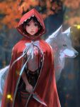  1girl black_hair blood blood_on_clothes blood_on_face blurry blurry_background bow grey_eyes holding holding_knife hood hoodie knife lips looking_at_viewer parted_lips red_hoodie ross_tran short_hair white_wolf wolf 