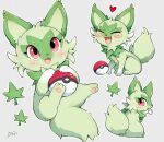  :d blush commentary_request fang happy heart holding holding_poke_ball leaf licking_paw moriguru77 multiple_views open_mouth poke_ball poke_ball_(basic) pokemon pokemon_(creature) red_eyes signature smile sprigatito tongue 