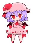  1girl ascot back_bow bangs bat_wings blush blush_stickers bow chibi closed_mouth collared_dress commentary_request dress eyebrows_visible_through_hair fang full_body gem hair_between_eyes hands_up hat hat_bow highres jewelry looking_at_viewer mob_cap op_na_yarou pink_dress pink_headwear pointy_ears puffy_short_sleeves puffy_sleeves purple_hair red_ascot red_bow red_eyes red_footwear red_gemstone remilia_scarlet shoes short_hair short_sleeves simple_background smile solo standing touhou v-shaped_eyebrows white_background wings wristband 