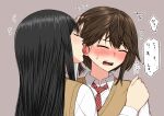  2girls absurdres black_hair blush brown_hair closed_eyes flying_sweatdrops grey_background hand_in_another&#039;s_hair hand_on_another&#039;s_shoulder highres licking licking_ear long_hair multiple_girls necktie open_mouth original ryuusa school_uniform short_hair sweater_vest tongue tongue_out upper_body yuri 