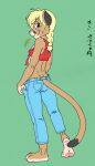  2017 3_toes anthro barefoot blonde_hair blue_eyes bottomwear breasts butt clothed clothing cougar delisle denim denim_clothing feet felid feline female fur furgonomics hair hay hay_in_mouth hi_res hindpaw humanoid_hands jeans looking_at_viewer looking_back looking_back_at_viewer mammal pants pawpads paws pink_nose pink_pawpads shirt signature smile solo tan_body tan_fur tied_shirt toes topwear 