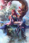  1girl absurdres ahri_(league_of_legends) animal_ears arm_support artist_name bangs bare_shoulders bell blue_eyes blue_tail breasts cherry_blossoms cleavage cloud_print detached_collar english_commentary facial_mark fox fox_ears fox_girl fox_tail geta gold_trim hair_ribbon heart highres japanese_clothes jerry_loh jingle_bell kimono kyuubi league_of_legends lips long_hair looking_at_viewer magic medium_breasts multiple_tails nail_polish nature obi off-shoulder_kimono outdoors pink_hair pink_kimono pink_nails ribbon sash short_kimono sitting slit_pupils solo spirit_blossom_ahri tail thighhighs thighs whisker_markings wide_sleeves 