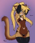  2015 anthro bikini blonde_hair blue_eyes blush breasts brown_body brown_fur clothing conditional_dnp domestic_cat felid feline felis female fluff-kevlar fur genitals hair legwear mammal micro_bikini nipples panties pussy sahara_(skimike) simple_background solo swimwear tan_body tan_fur thigh_highs underwear 