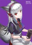  1girl alternate_costume animal_ears apron arknights bangs black_nails black_shirt breasts character_name coffee_pot collared_shirt fox_ears fox_girl fox_tail from_side frostleaf_(arknights) grey_hair hair_ribbon headdress headphones highres holding holding_pot long_hair looking_at_viewer makkuro neck_ribbon official_alternate_costume pot puffy_short_sleeves puffy_sleeves purple_background red_ribbon ribbon shadow shirt short_sleeves sidelocks simple_background sitting solo tail waist_apron wristband 