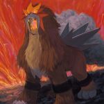  animal_focus bright_pupils commentary entei fangs go-lurk molten_rock no_humans open_mouth orange_eyes pokemon pokemon_(creature) solo standing 