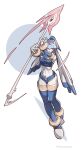  1girl armor blue_eyes boots facing_viewer highres holding holding_weapon huanxiang_huifeng leviathan_(mega_man) mega_man_(series) mega_man_zero polearm spinning_weapon thigh_boots thighhighs walking weapon 