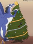  2022 christmas christmas_tree claws domestic_cat dragon duo felid feline felis feral fur hair hi_res holidays horn inside male mammal ornament plant prismanoodle_(artist) rykin scalie simple_background smile star tinsel tree 