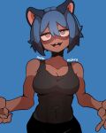  1girl animal_ears bangs bare_shoulders black_legwear black_tank_top blue_background blue_hair body_fur brand_new_animal breasts cleavage collarbone covered_navel dark_skin facing_viewer furry furry_female kagemori_michiru medium_breasts multicolored_eyes open_mouth outstretched_arms raccoon_ears raccoon_girl short_hair simple_background smile solo spread_arms tall_image tank_top tanuki teeth upper_teeth yacha 