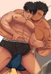  2boys abs bangs bara black_hair black_male_underwear blue_male_underwear boxer_briefs bulge closed_eyes erection erection_under_clothes facial_hair groping hand_grab hand_under_clothes highres hiota_(kuhi_0301) incoming_kiss large_pectorals looking_at_another male_focus male_underwear multiple_boys muscular muscular_male navel nipples open_mouth original pectorals puckered_lips short_hair undercut underwear yaoi 