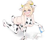  1girl absurdres all_fours animal_ears animal_print bangs bikini blonde_hair blue_eyes blush breasts bridal_gauntlets clipboard cow_ears cow_horns cow_print eyebrows_visible_through_hair habetrot_(last_origin) hair_bun hair_ornament highres horns korean_text large_breasts last_origin looking_at_viewer open_mouth paper simple_background solo sweatdrop swimsuit taeseok.10jeong thighhighs underboob white_background 