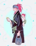  abarai_ichika abarai_renji baby baby_carrier bag bleach bottle facial_tattoo father_and_daughter headband high_ponytail holding holding_bag holding_bottle japanese_clothes long_hair long_sleeves okihana open_mouth red_hair short_hair sleeping standing tattoo 