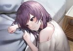  1girl bangs blanket_grab blush closed_mouth earrings head_on_bed indoors jewelry light_particles long_hair luxiel off_shoulder original purple_eyes purple_hair shirt single_bare_shoulder solo swept_bangs tearing_up tears upper_body white_shirt 