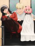  1boy 2girls :d ahoge anya_(spy_x_family) arm_under_breasts bangs black_hair black_legwear blanket blonde_hair blue_eyes bottle breasts child cleavage closed_eyes closed_mouth collarbone couch dress earrings family gold_earrings green_eyes hairband highres holding holding_blanket holding_bottle jewelry leaning_to_the_side long_hair looking_at_another medium_hair multiple_girls muwon on_couch pantyhose pink_hair red_sweater short_hair sitting sleeping smile spy_x_family straight_hair sweater sweater_dress swept_bangs twilight_(spy_x_family) white_hairband wine_bottle yor_briar 