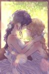  2girls absurdres aihara_mei aihara_yuzu bangs bare_shoulders black_hair blonde_hair blush citrus_(saburouta) closed_eyes closed_mouth couple dress eye_contact eyebrows_visible_through_hair face-to-face facing_another flower glidesloe hair_flower hair_ornament highres long_hair looking_at_another multiple_girls sleeveless sleeveless_dress smile step-siblings wife_and_wife yuri 